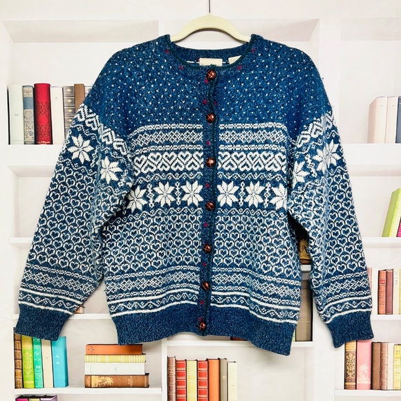 Northern Reflections Cardigan Size Large Vintage 90's Blue & White Fair Isles - Picture 1 of 7